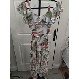 Bleecker 126 Floral‎ Cold Shoulder Maxi Dress White Pink Ruffle V-Neck Size 2